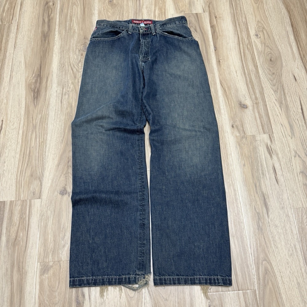 Guess Jeans Mens 34 Blue Baggie Wide Leg Denim Skater Streetwear Y2K USA